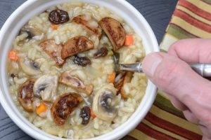 Allergen Free Sausage Mushroom Raisin Risotto