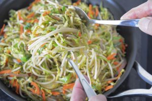 Allergen Free Shaved Brussels Sprouts And Spaghetti Stir Fry